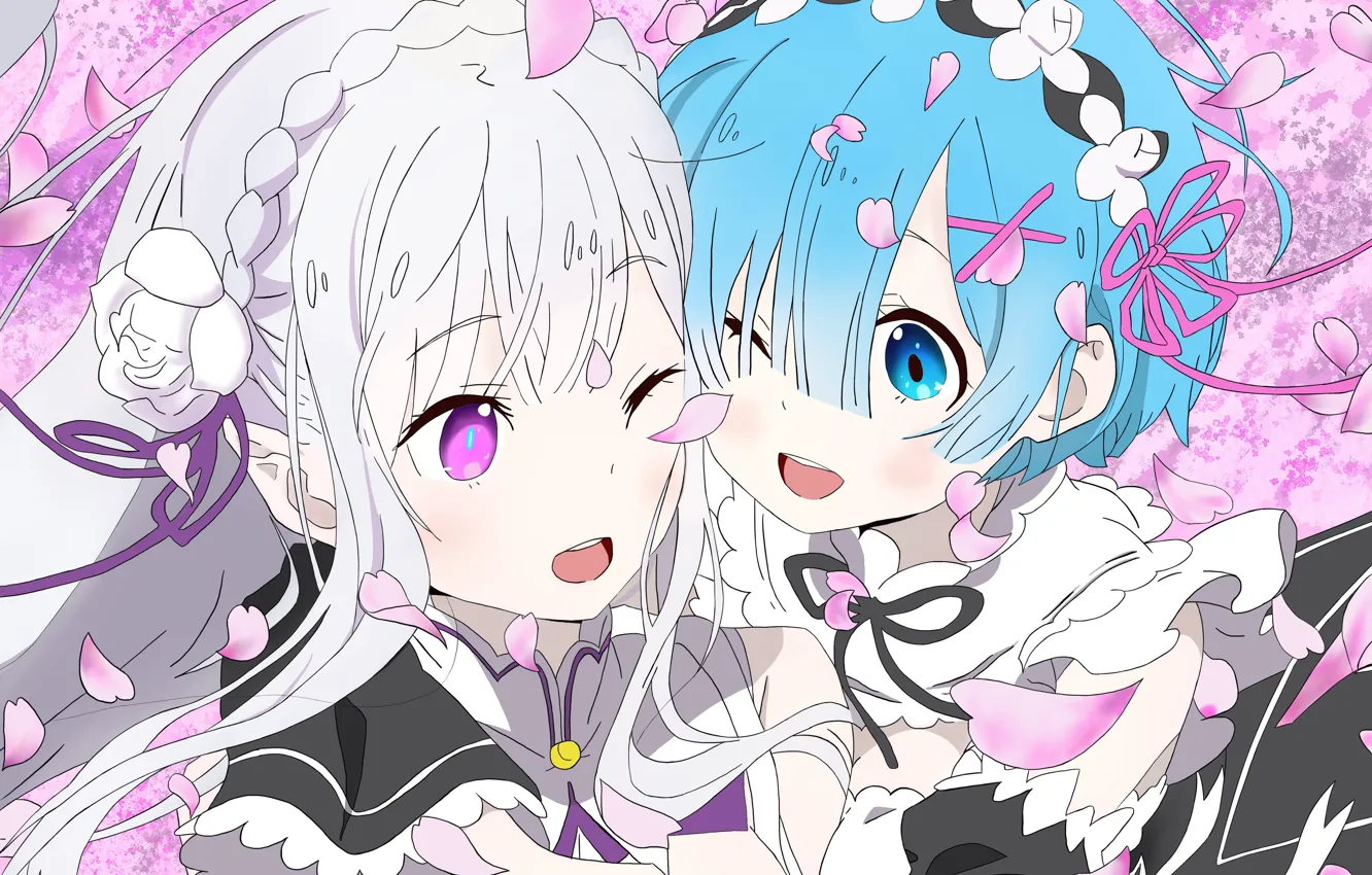 Photo wallpaper girl, petals, Emilia, re zero kara hajime chip isek or seikatsu, From scratch, REM
