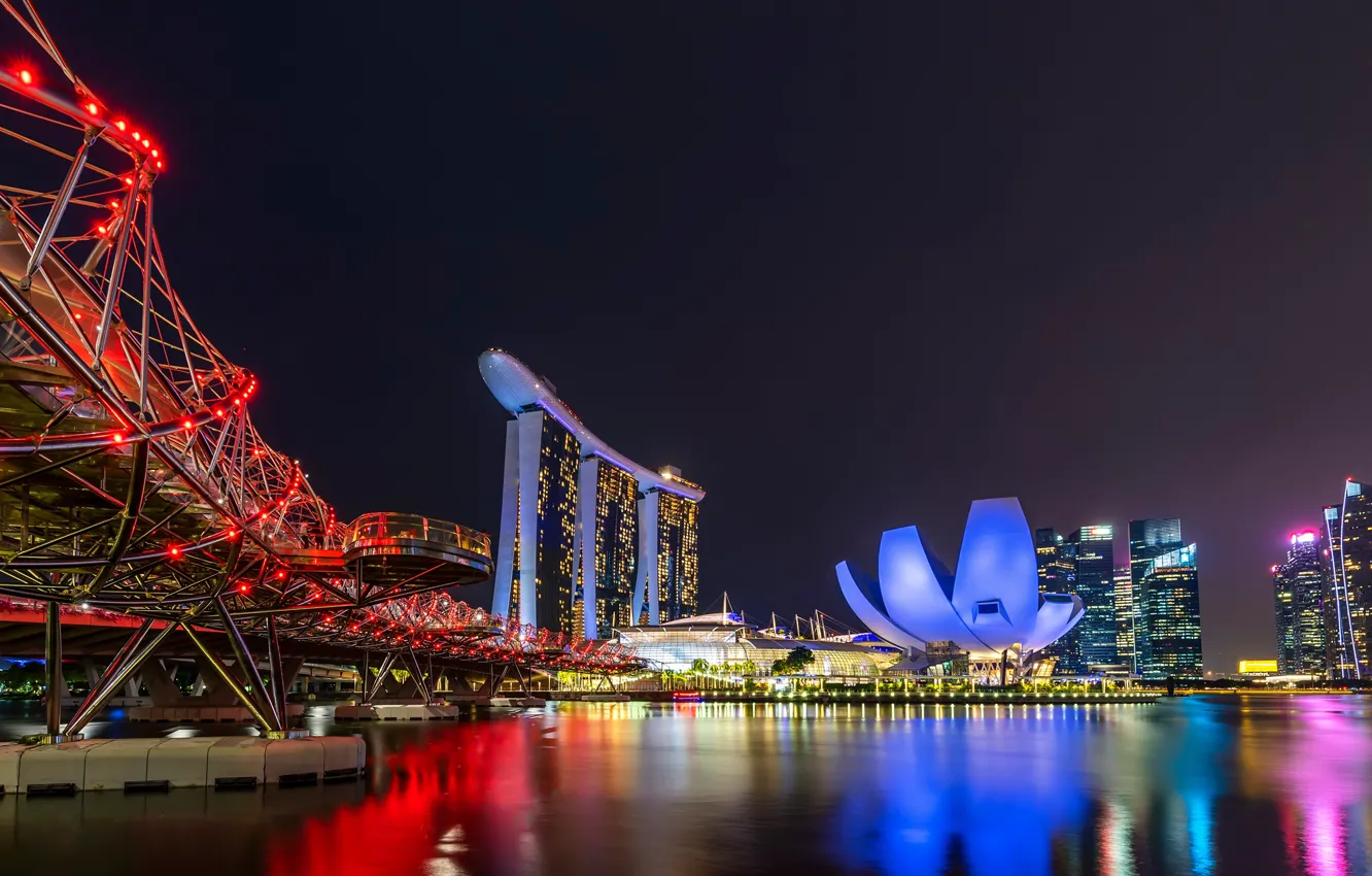 Photo wallpaper night, bridge, design, lights, building, home, skyscrapers, lights