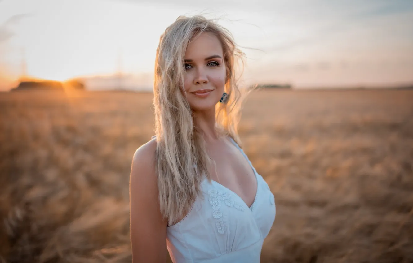 Photo wallpaper field, look, girl, nature, model, dress, Anna, long hair