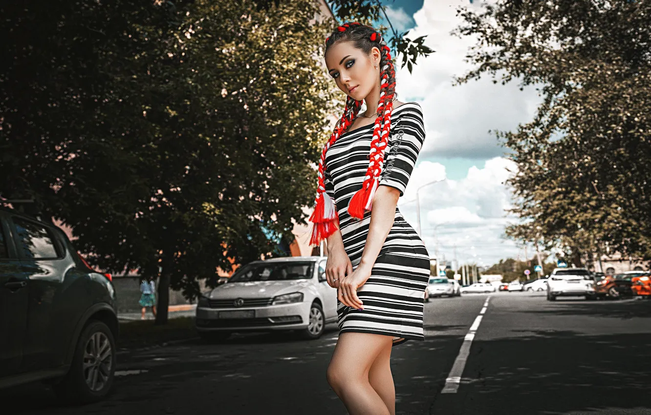 Photo wallpaper road, girl, pose, dress, braids, Anton Kharisov, Elena Borisova