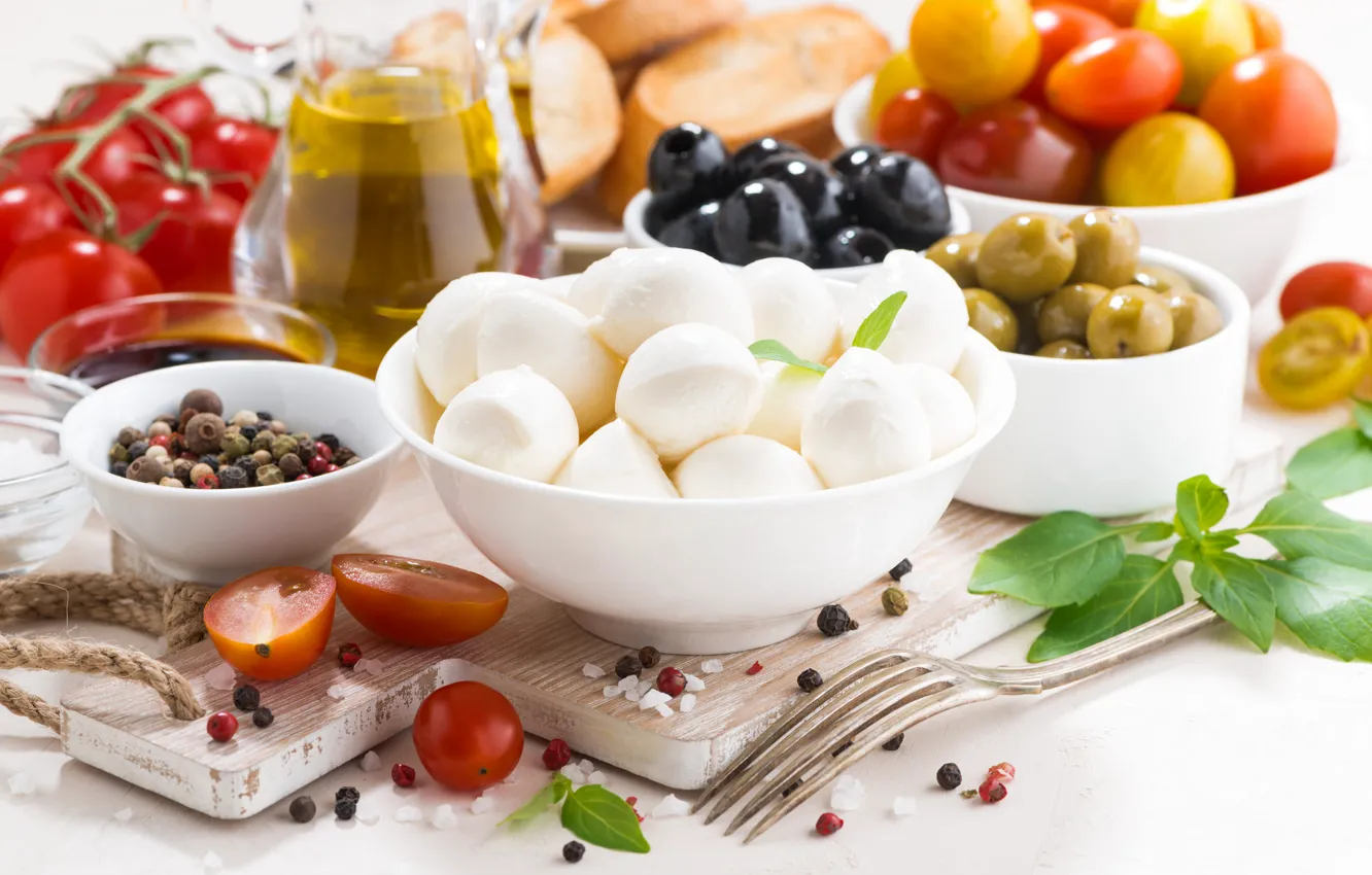 Photo wallpaper pepper, tomatoes, olives, cuts, Basil, mozzarella