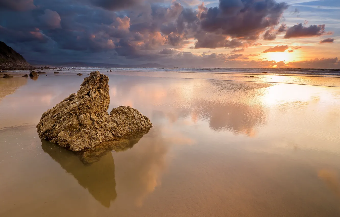 Photo wallpaper sand, sea, wave, the sky, landscape, sunset, nature, stones