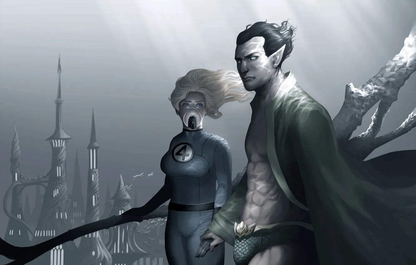 Photo wallpaper sea, the bottom, Marvel Comics, Susan Storm, Invisible Woman, Namor, Sub-Mariner