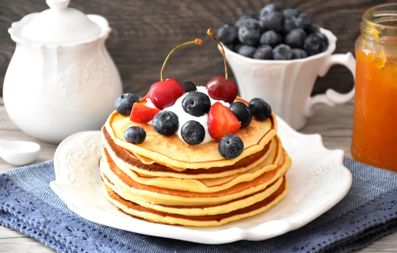 Photo wallpaper berries, pancakes, blueberries