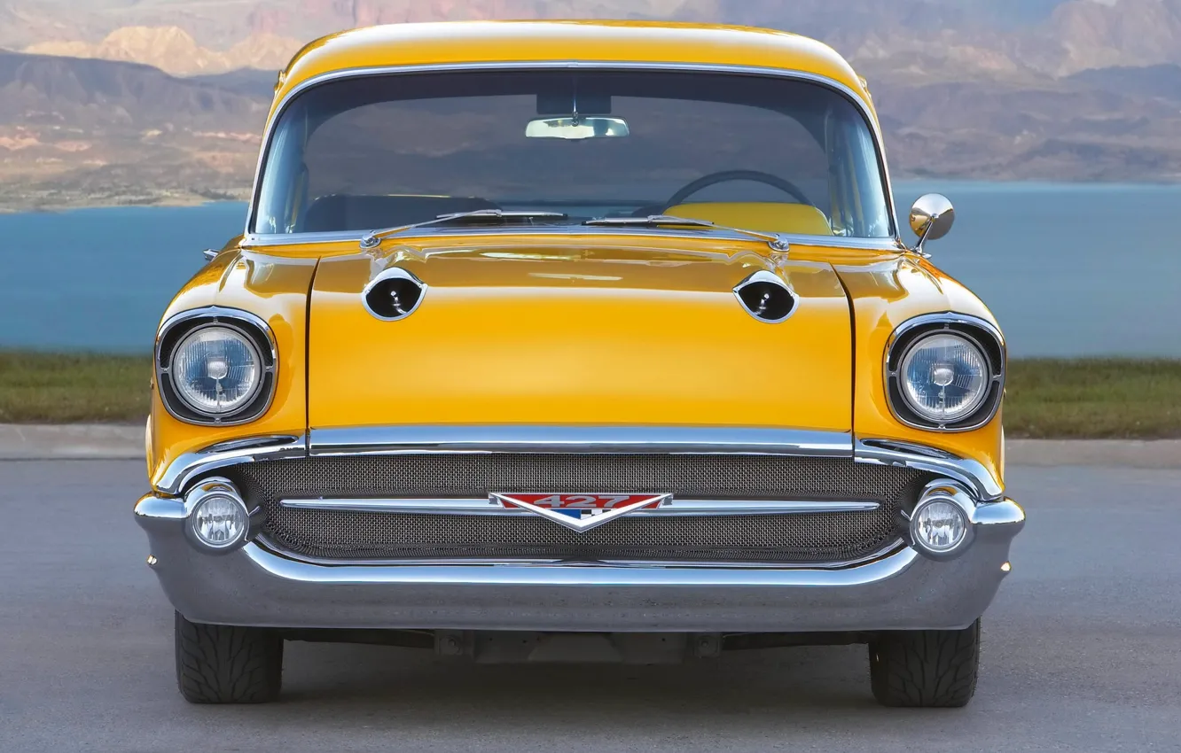 Photo wallpaper retro, Yellow, Chevrolet, Machine, The hood, Chevrolet, Lights, The front