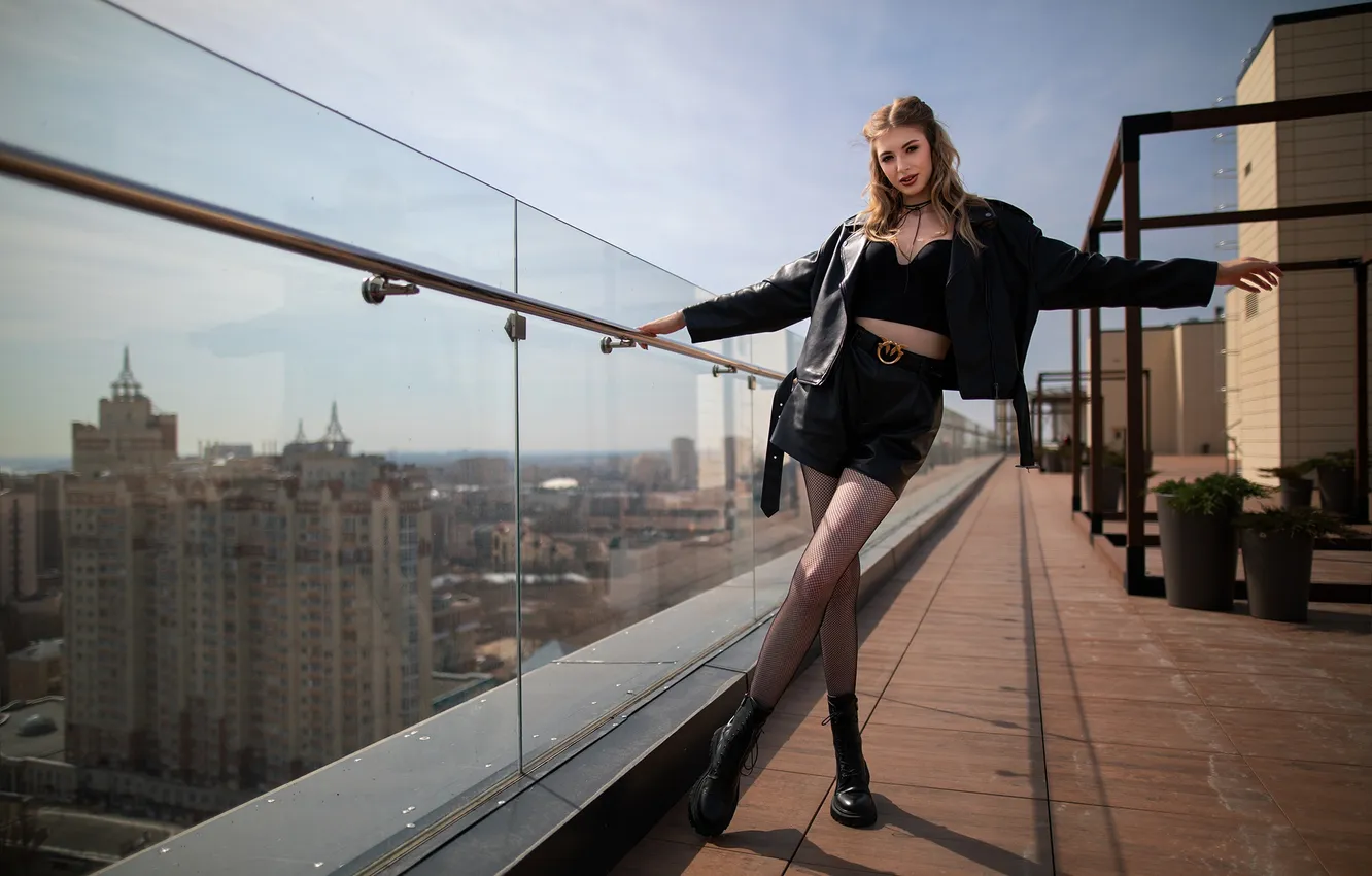 Photo wallpaper girl, pose, shorts, hands, jacket, tights, legs, mesh