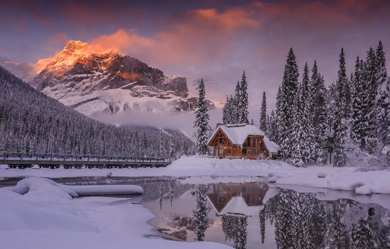 Photo wallpaper winter, forest, snow, mountains, reflection, ate, Canada, house