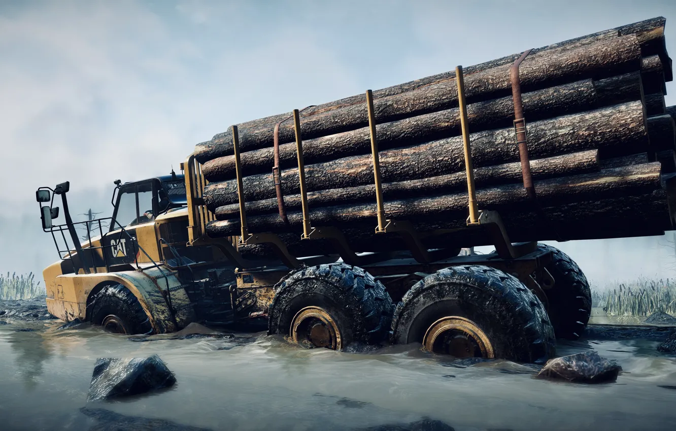 Photo wallpaper HDR, game, stone, water, cat, clouds, truck, mud