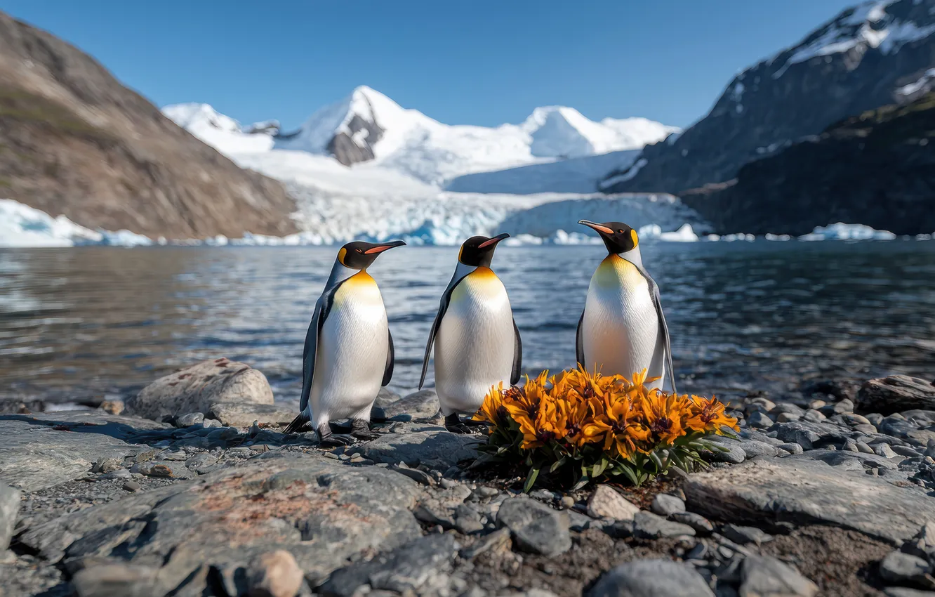 Photo wallpaper snow, flowers, mountains, nature, stones, rocks, bird, shore