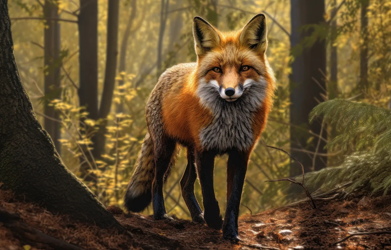 Photo wallpaper forest, look, trees, branches, art, Fox, red, digital art