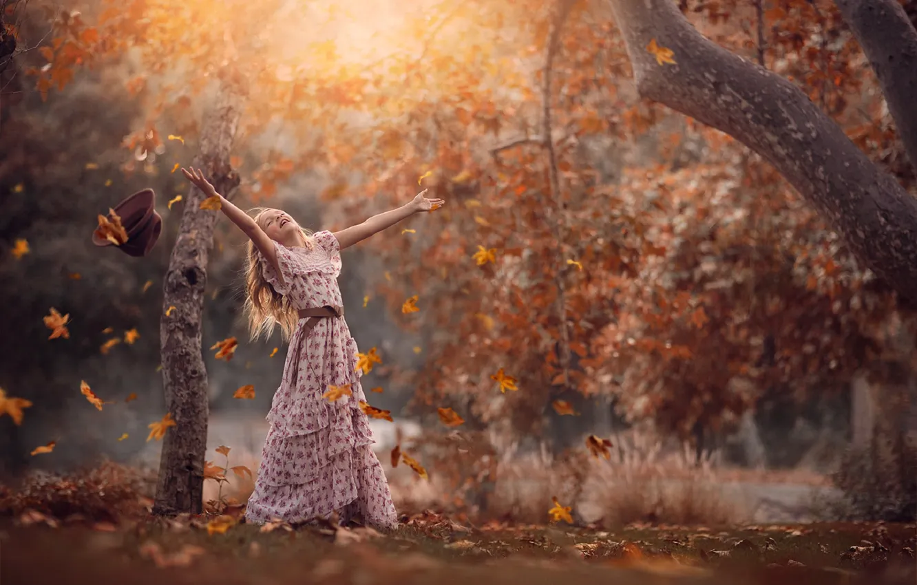 Photo wallpaper autumn, joy, foliage, girl, Jessica Drossin