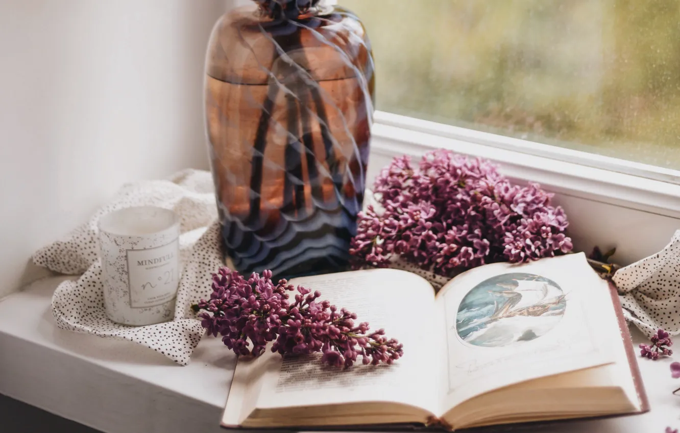 Photo wallpaper window, book, vase, lilac