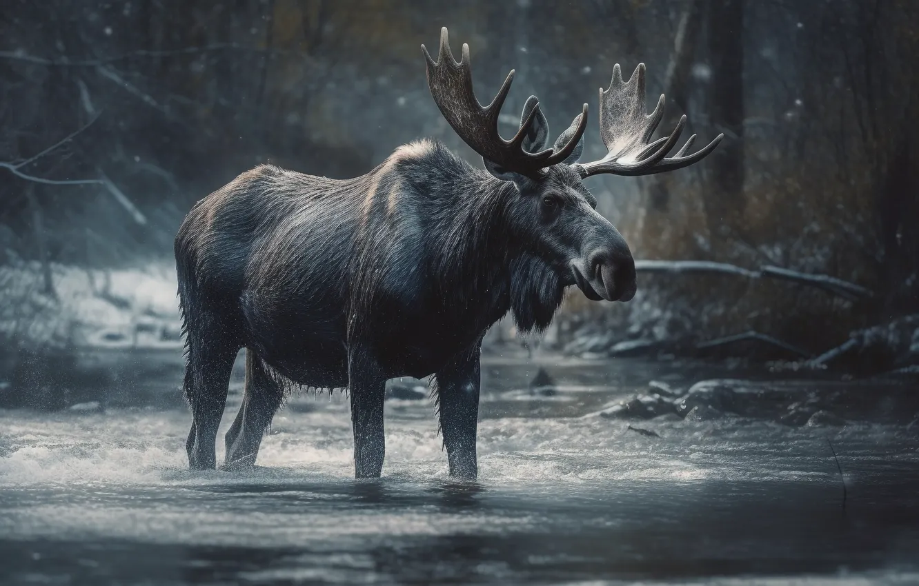Photo wallpaper forest, water, horns, river, moose, digital art, AI art, The Art of Artificial Intelligence