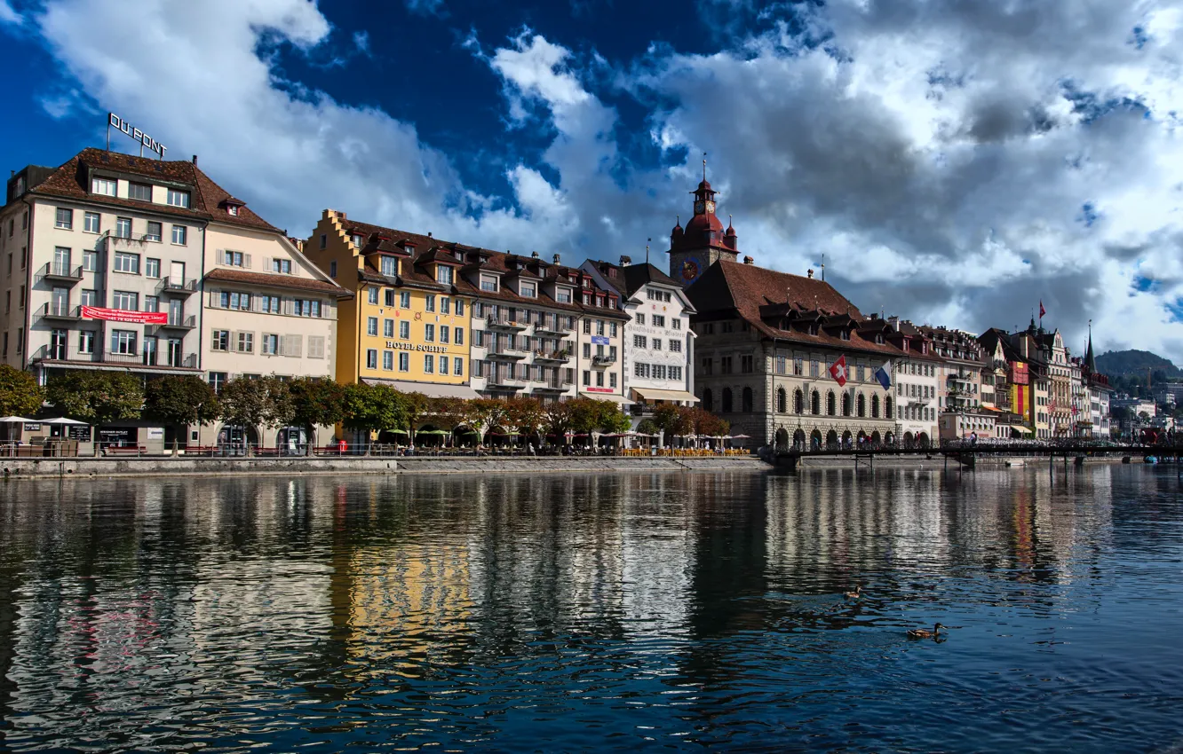 Photo wallpaper river, building, duck, home, Switzerland, promenade, Switzerland, Lucerne