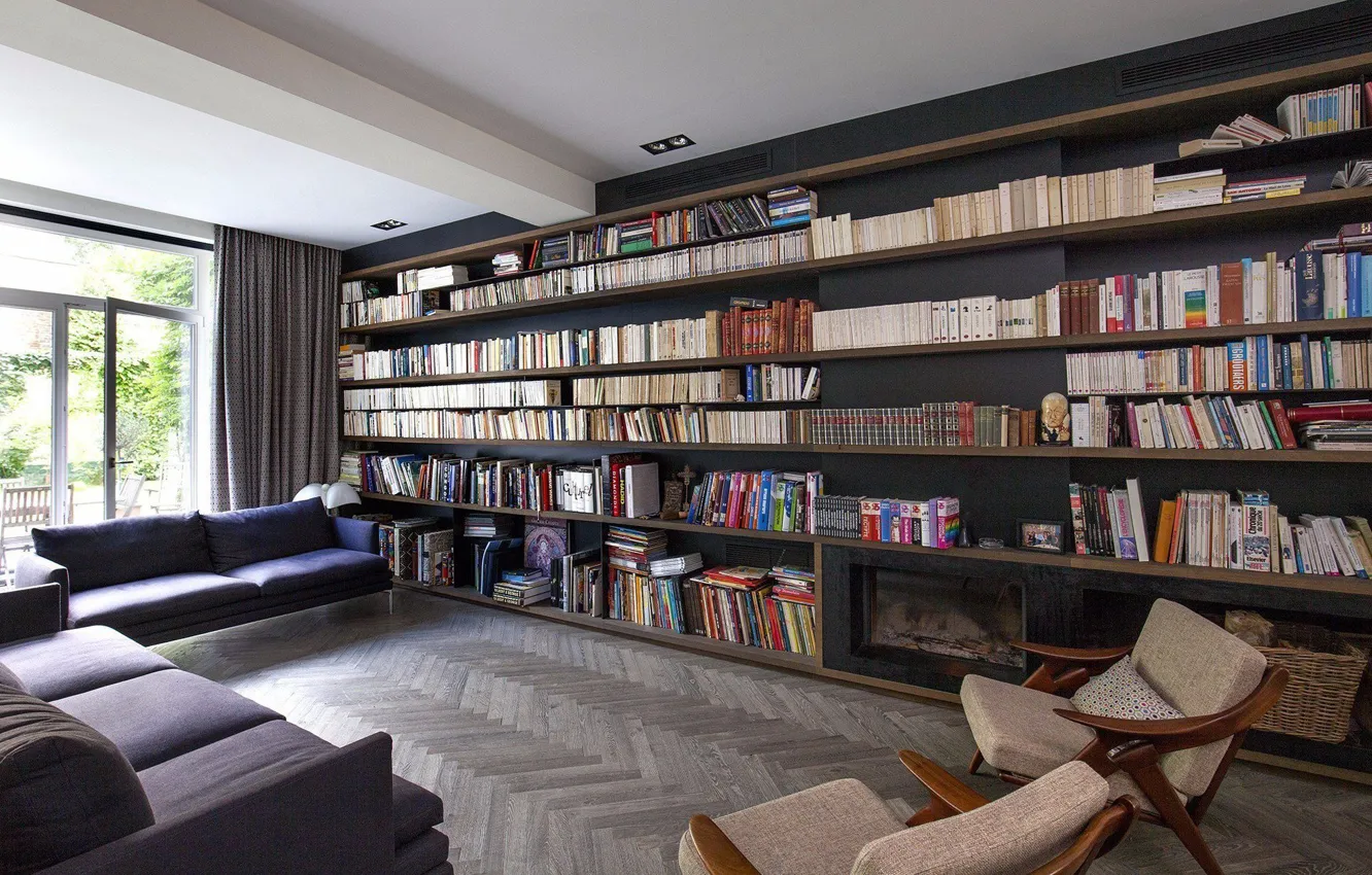 Photo wallpaper interior, fireplace, library, living room, MG's House