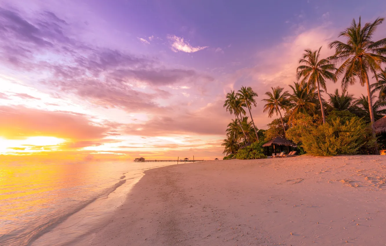 Photo wallpaper sand, sea, beach, the sky, the sun, clouds, sunset, tropics