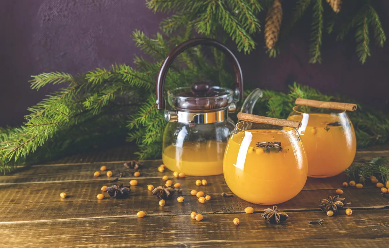 Photo wallpaper glass, branches, berries, tea, Board, glass, new year, kettle