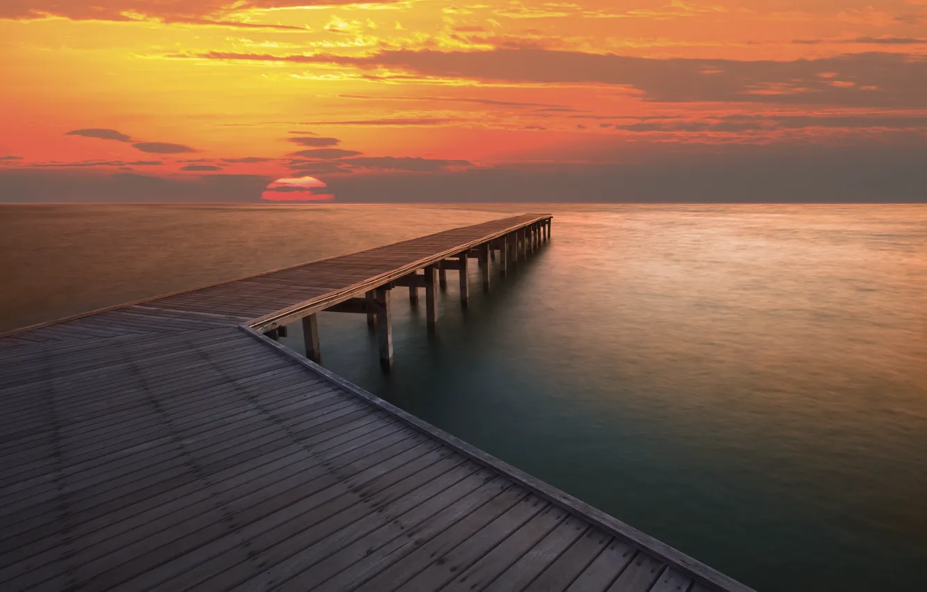 Photo wallpaper sea, the sky, water, the sun, clouds, landscape, sunset, river