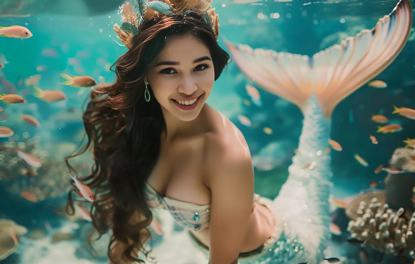 Photo wallpaper Fish, Girl, Look, Smile, Mermaid, Hair, Underwater world, Tail