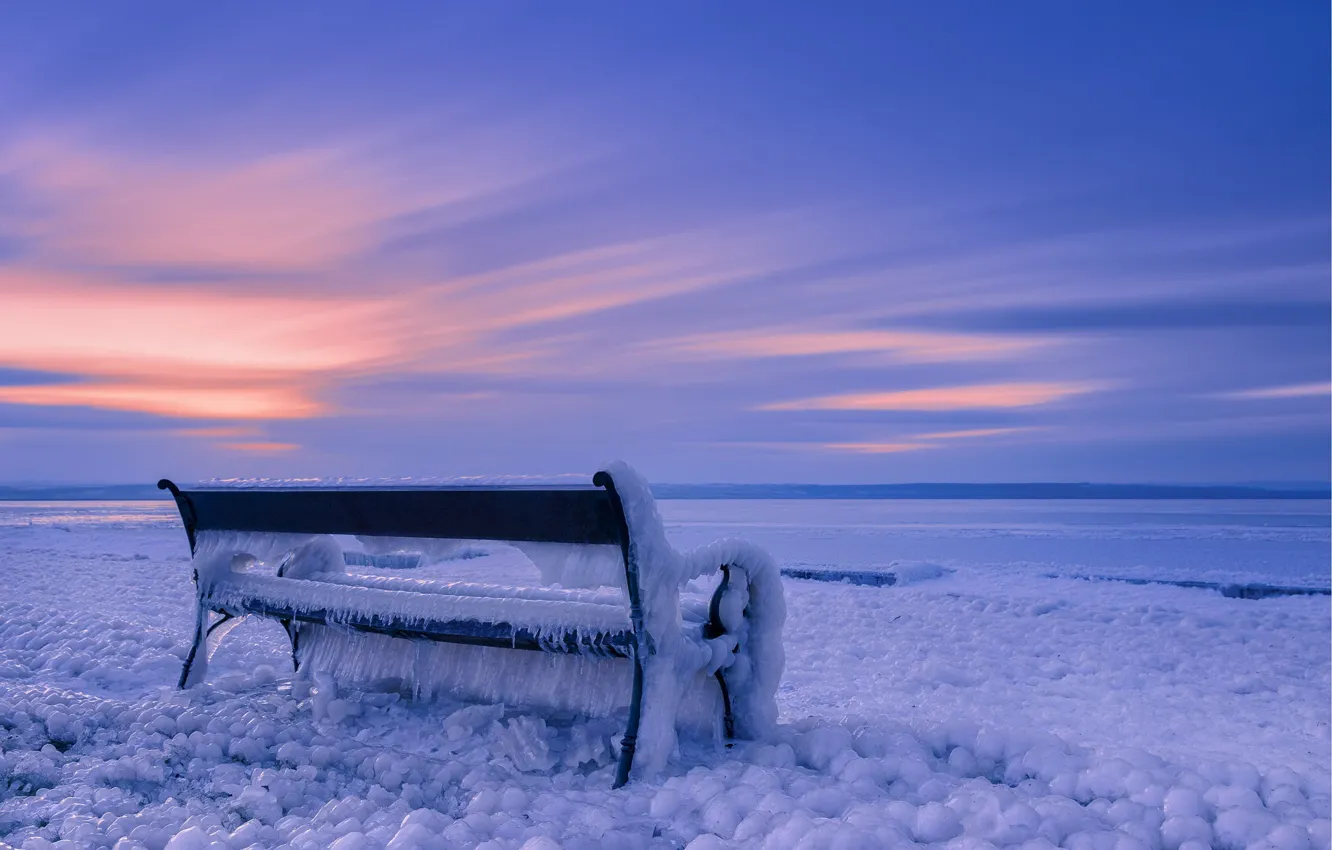 Photo wallpaper cold, winter, ice, bench