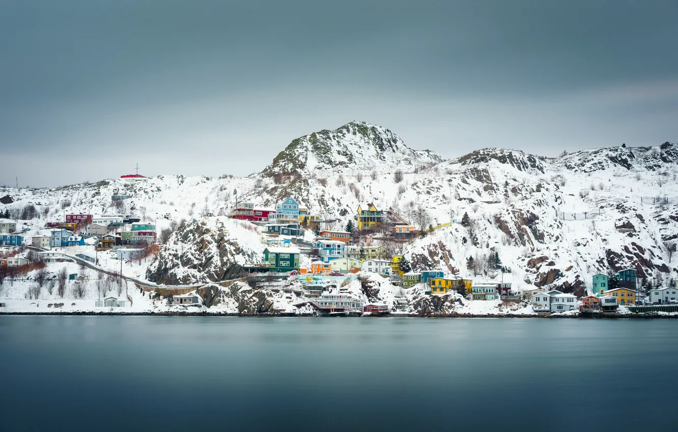 Photo wallpaper Canada, winter, snow, houses, cloudy, Newfoundland and Labrador, St. John's