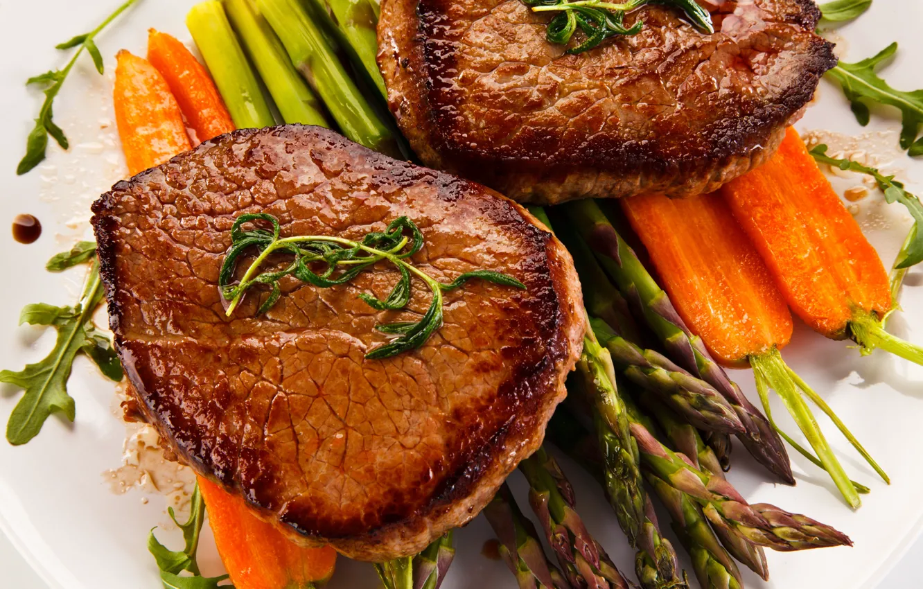 Photo wallpaper meat, carrots, asparagus, steak