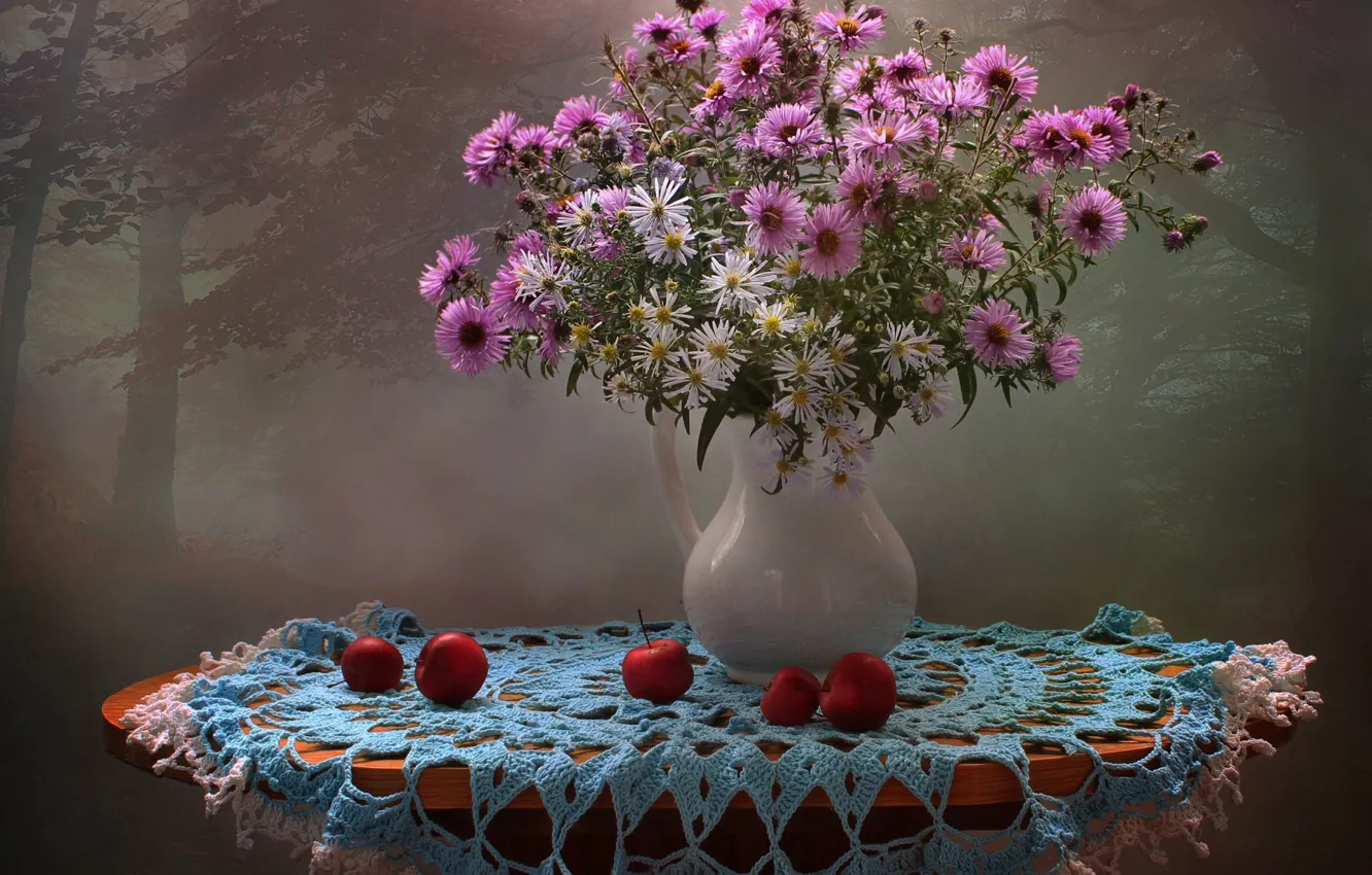 Photo wallpaper flowers, nature, table, background, vase, still life, tablecloth, asters