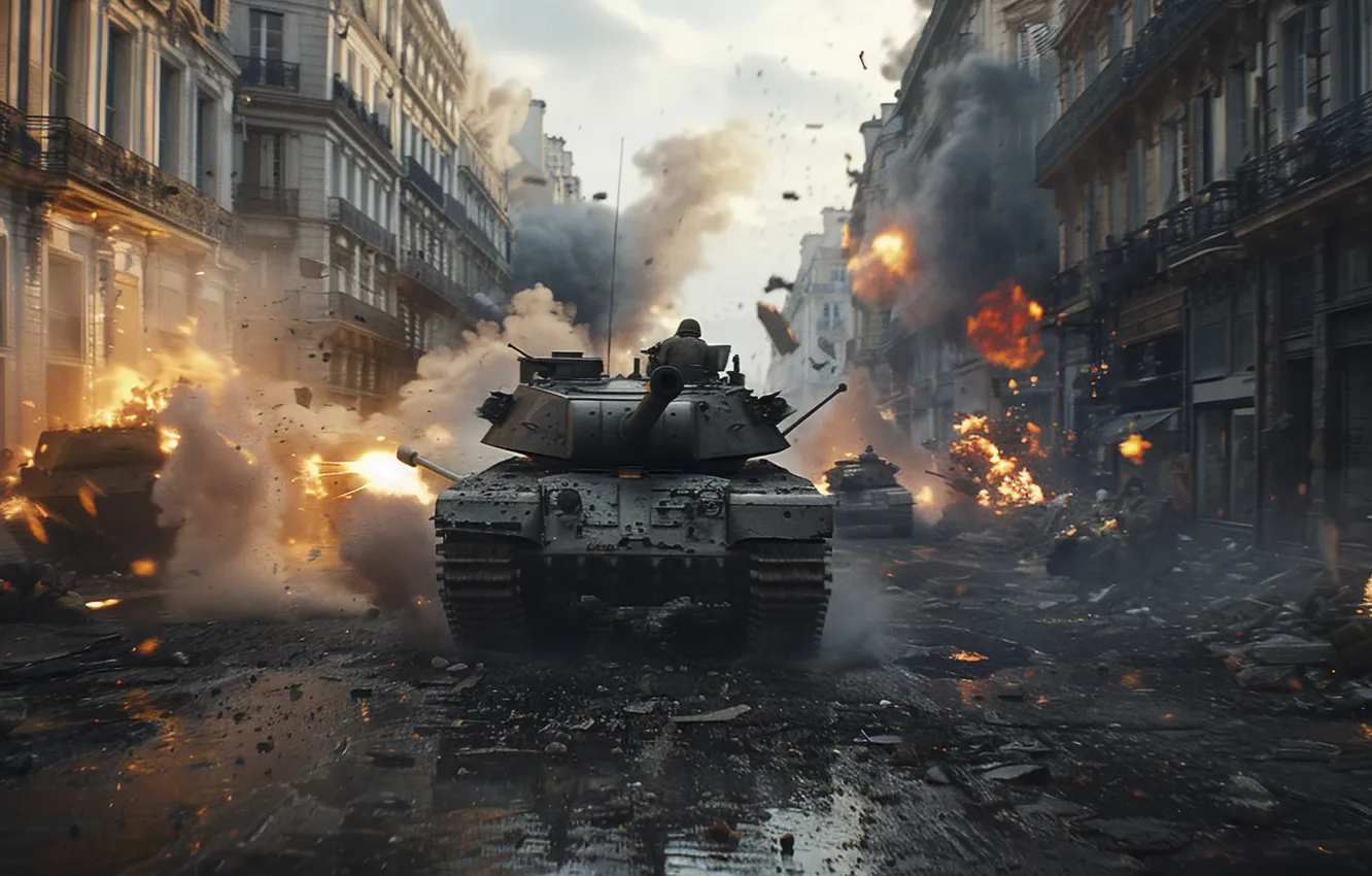 Photo wallpaper the explosion, street, home, dirt, soldiers, tank, digital art, AI art