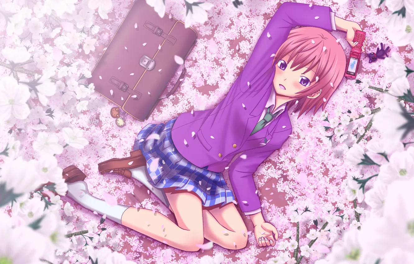 Photo wallpaper girl, petals, Sakura, art, phone, portfolio, keychain, school uniform
