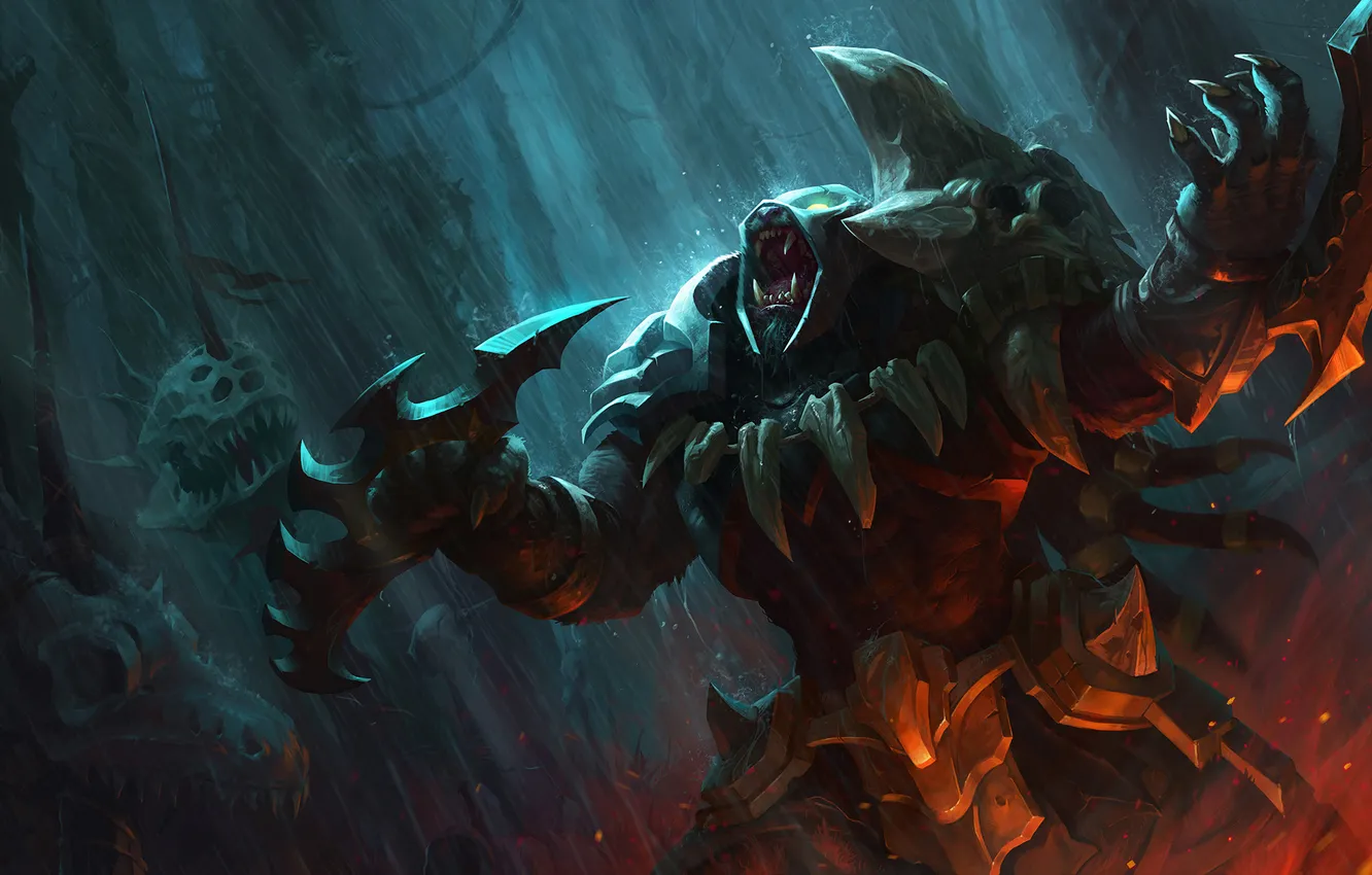 Photo wallpaper weapons, rain, head, art, rage, League of Legends, Rengar, headhunter