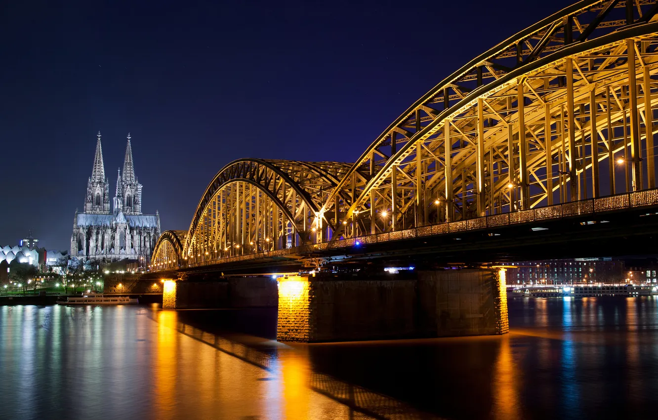 Photo wallpaper road, night, bridge, the city, river, Germany, lighting, Germany