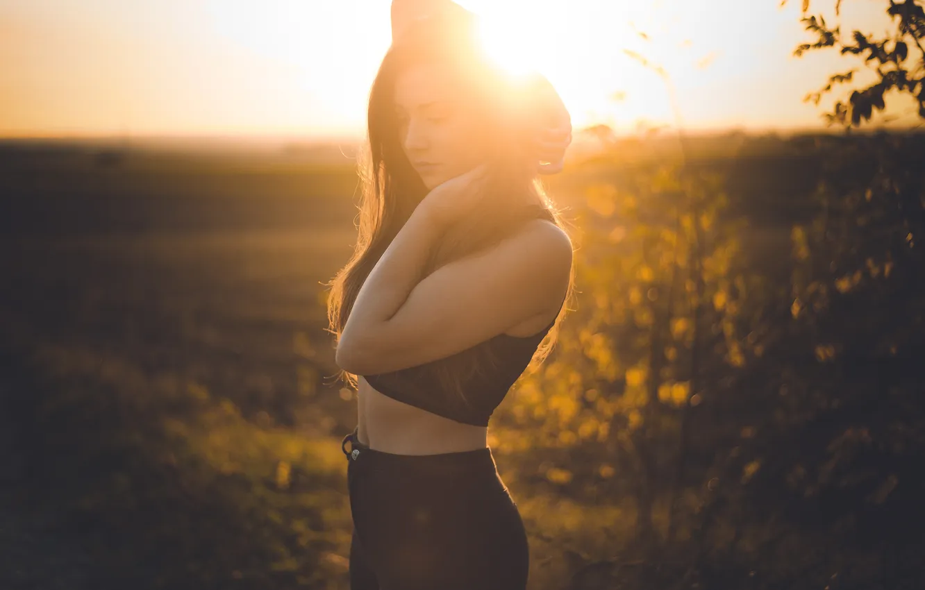 Photo wallpaper girl, sunset, hat