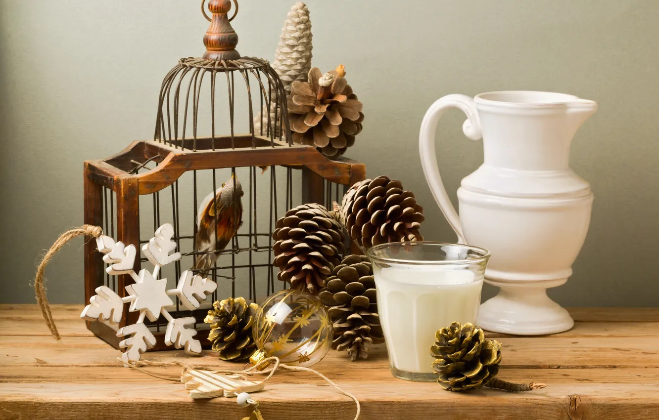 Photo wallpaper balls, snowflakes, glass, holiday, toy, cell, milk, pitcher