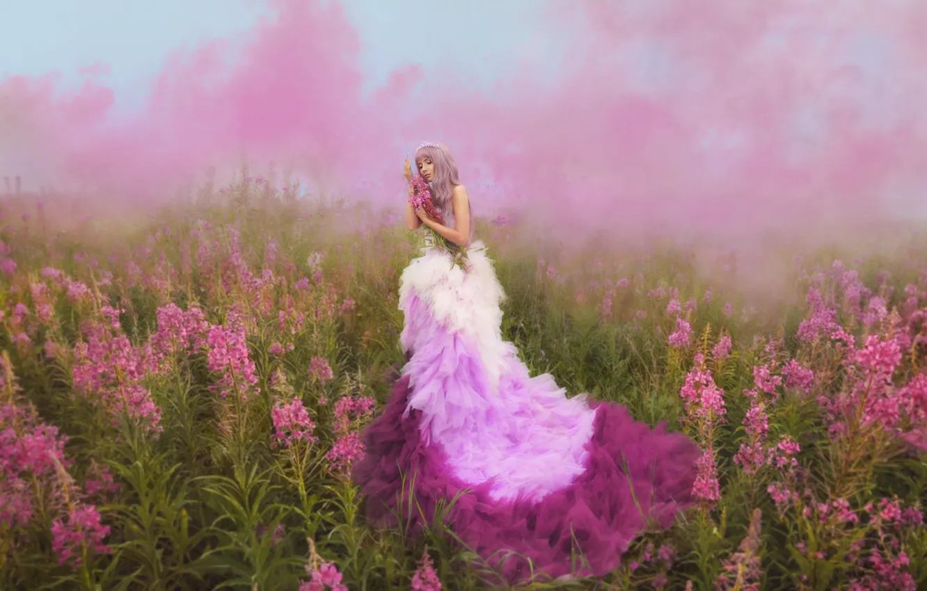Photo wallpaper field, summer, girl, flowers, nature, pose, fog, background