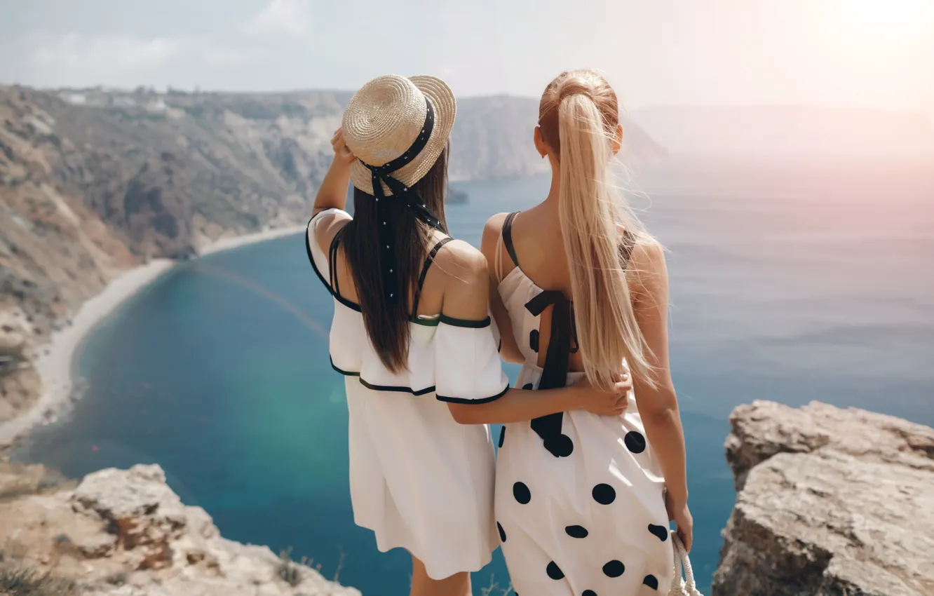 Photo wallpaper sea, summer, the sky, look, girl, light, mountains, nature
