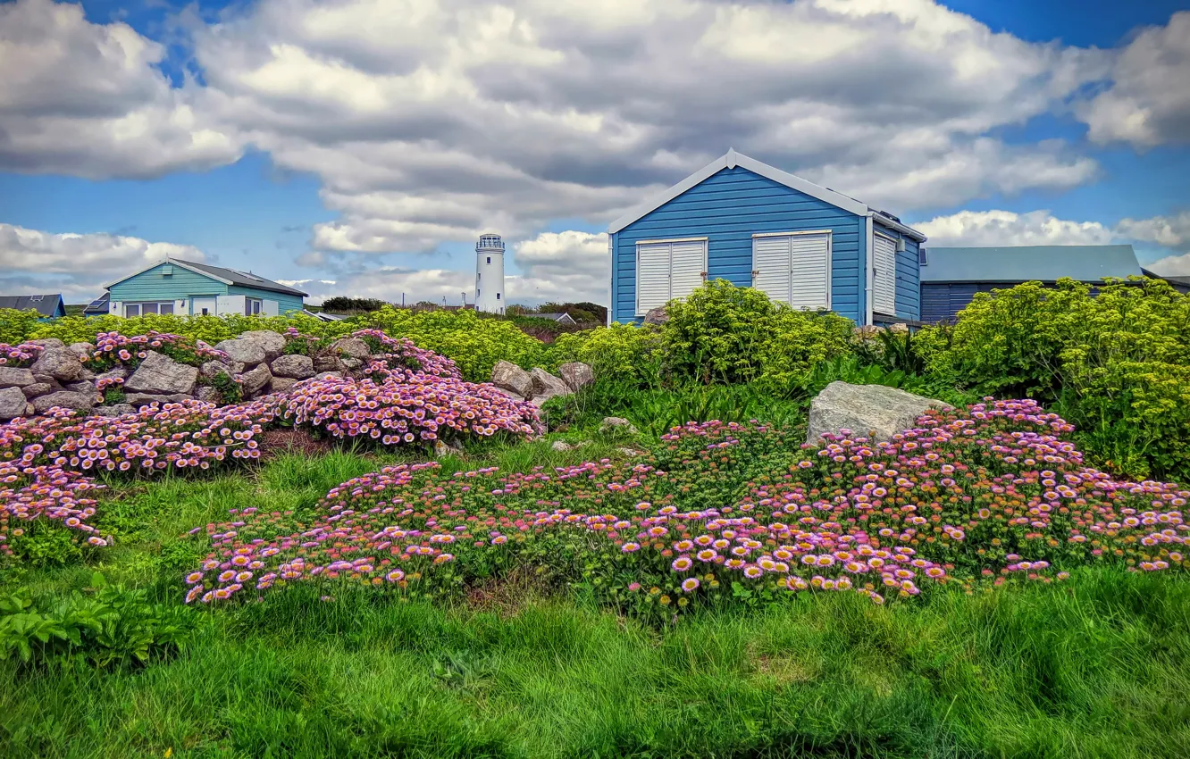 Photo wallpaper summer, grass, clouds, flowers, stones, shore, lighthouse, house