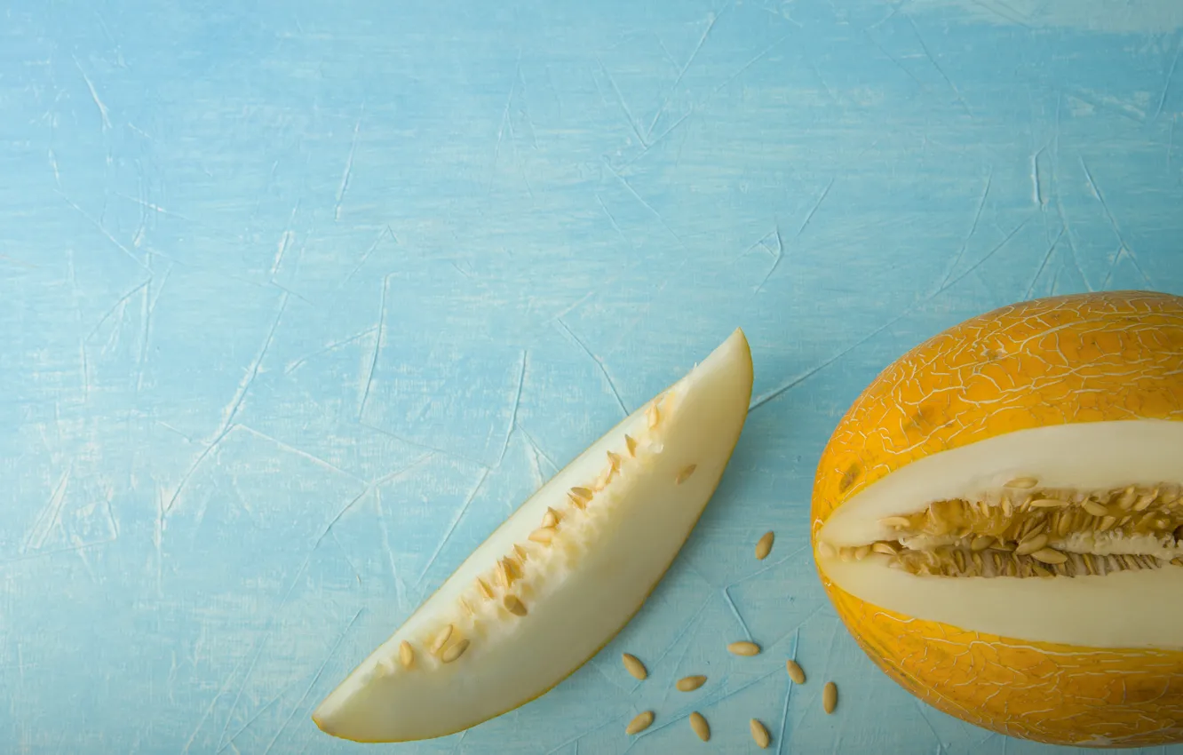 Photo wallpaper slice, seeds, blue background, melon, piece, slice