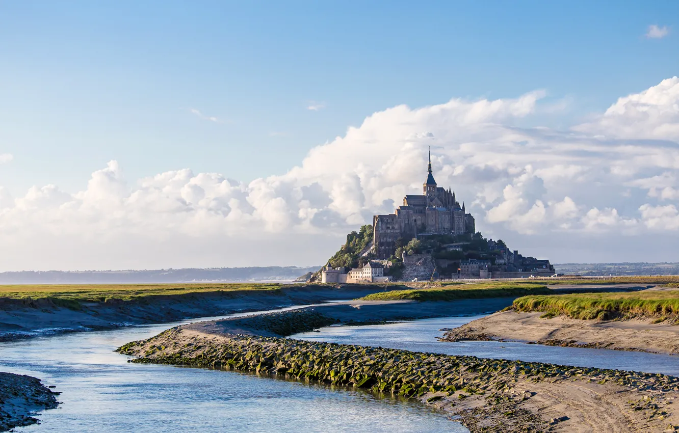Photo wallpaper sea, the sky, clouds, castle, France, Normandy, Mont-Saint-Michel