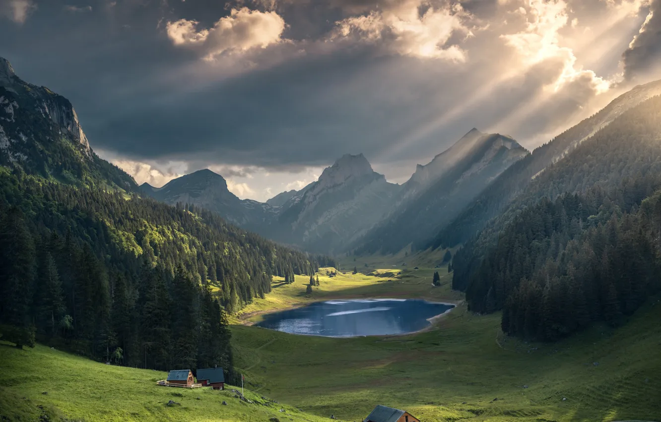 Photo wallpaper mountains, lake, house