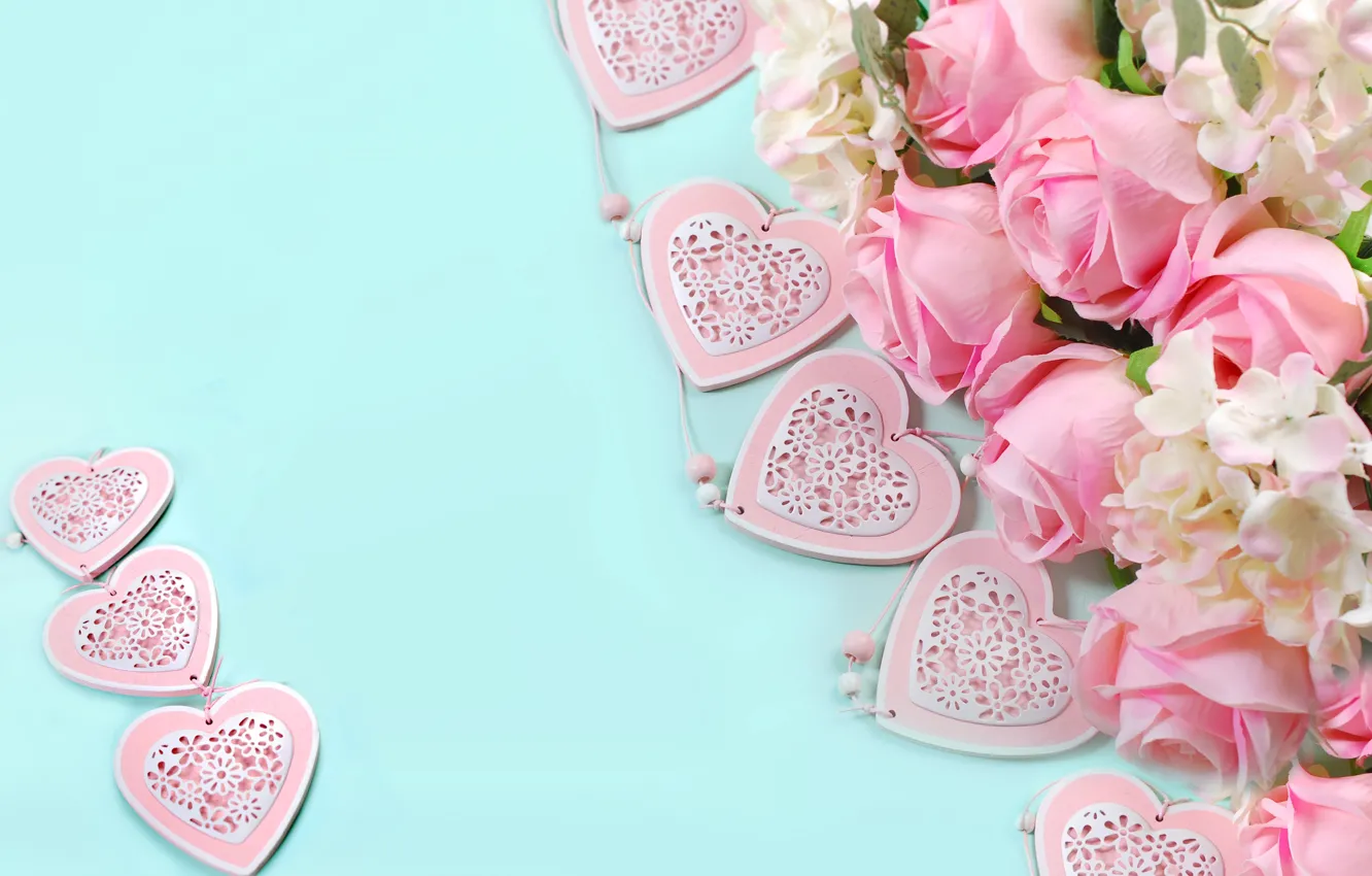Photo wallpaper roses, hearts, love, heart, pink, flowers, romantic, petals