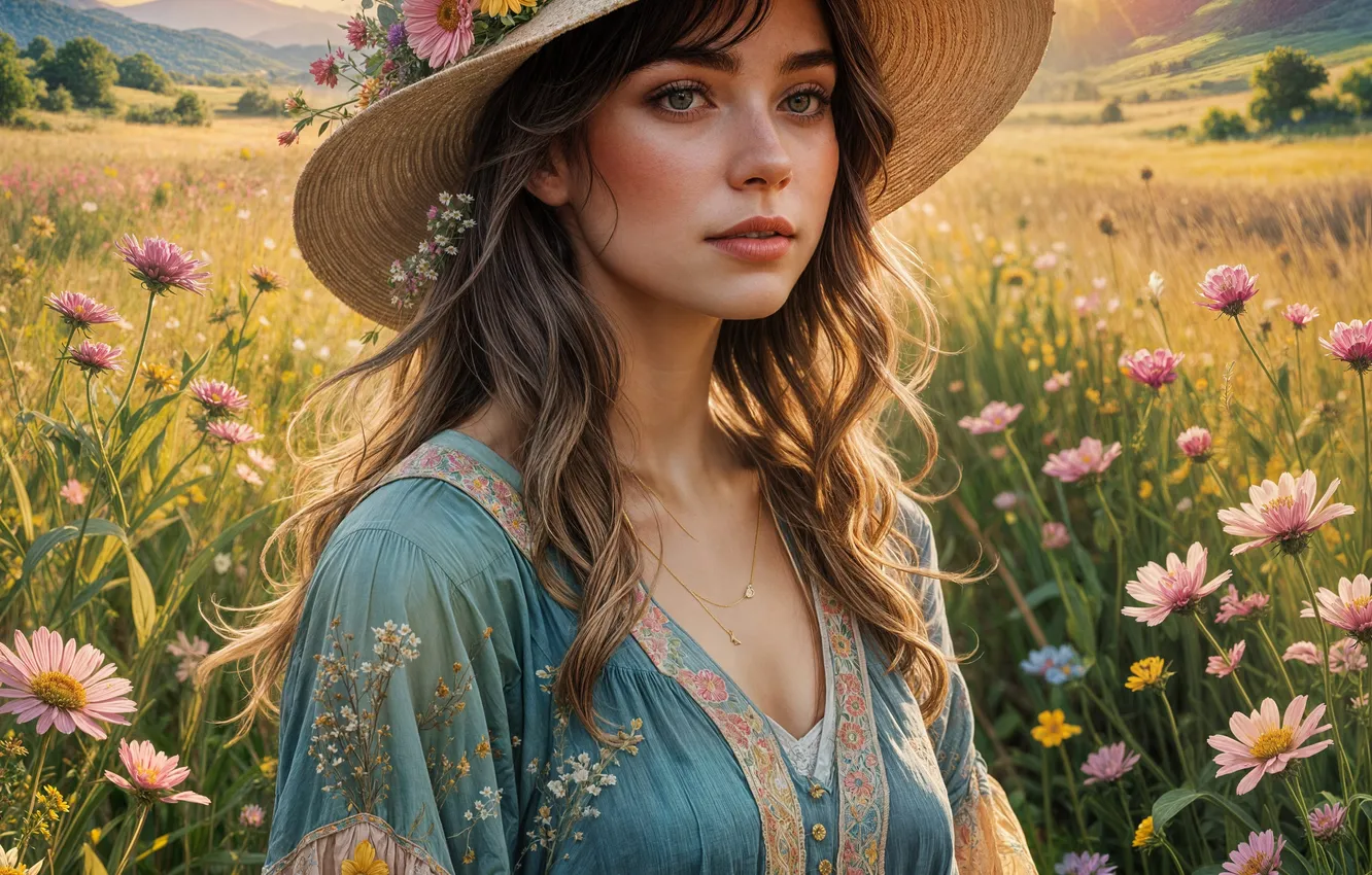 Photo wallpaper field, girl, flowers, hat, AI art, neural network