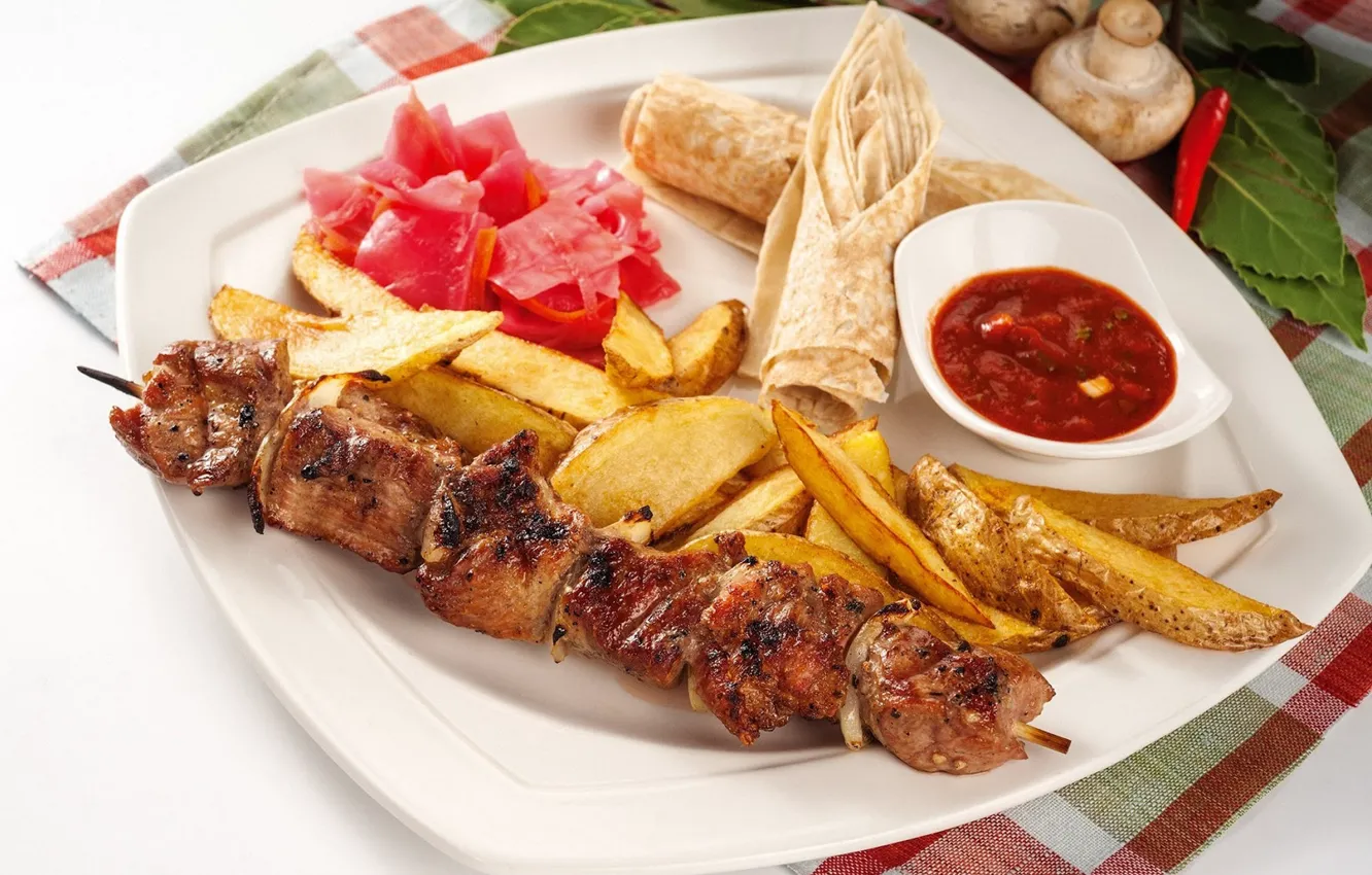 Photo wallpaper meat, ketchup, kebab, potatoes, pita