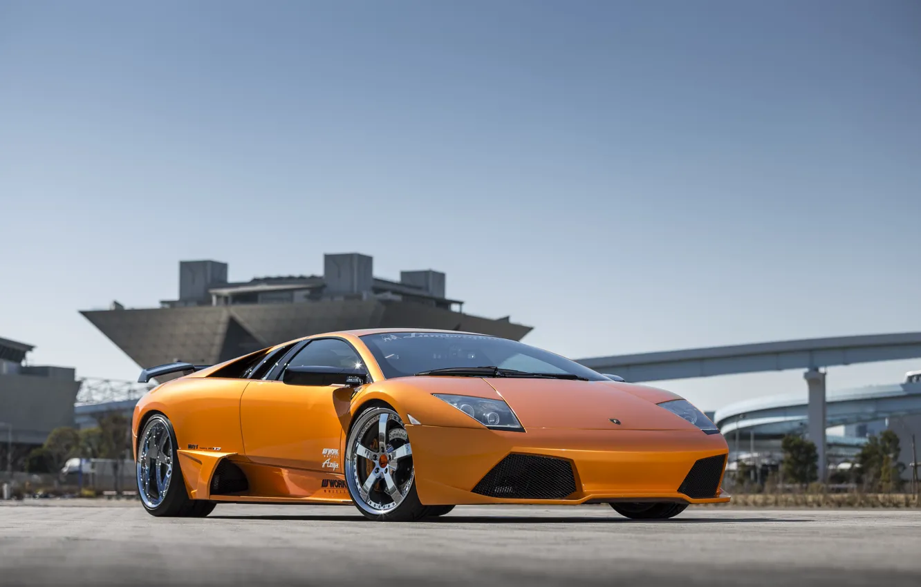 Photo wallpaper Lamborghini, Orange, Sky, Murcielago, Wheels