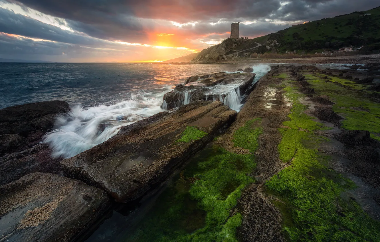 Photo wallpaper sea, wave, shore, tower, ruins, stone slabs