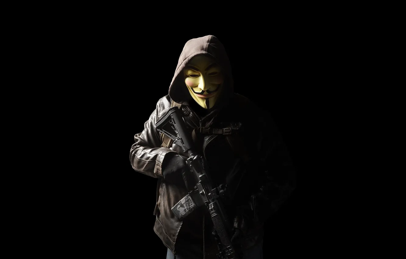 Photo wallpaper weapons, mask, hood, male, assault rifle