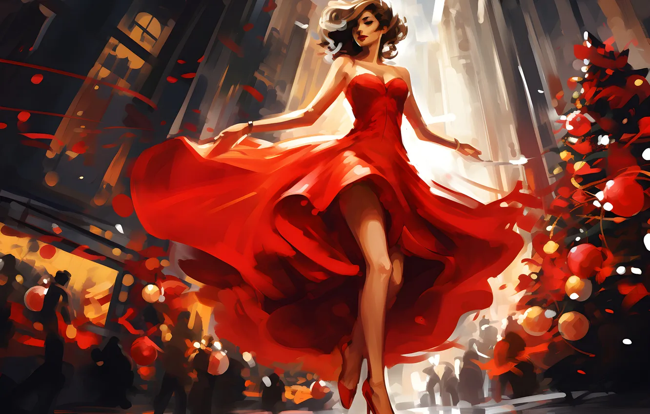 Photo wallpaper girl, people, tree, new year, dress, Christmas, Christmas tree, digital art