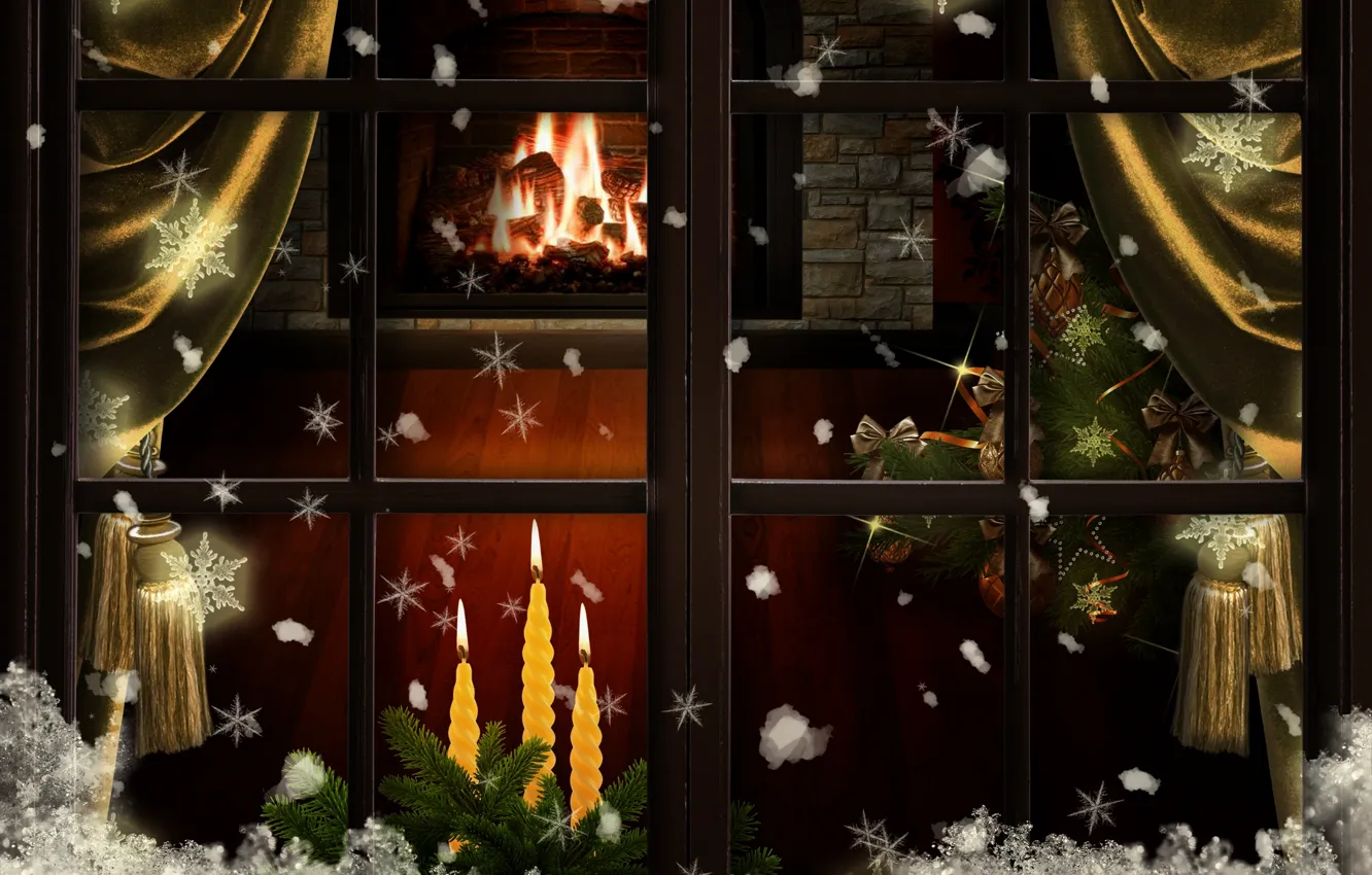Photo wallpaper snow, decoration, snowflakes, tree, candles, window, Christmas, New year