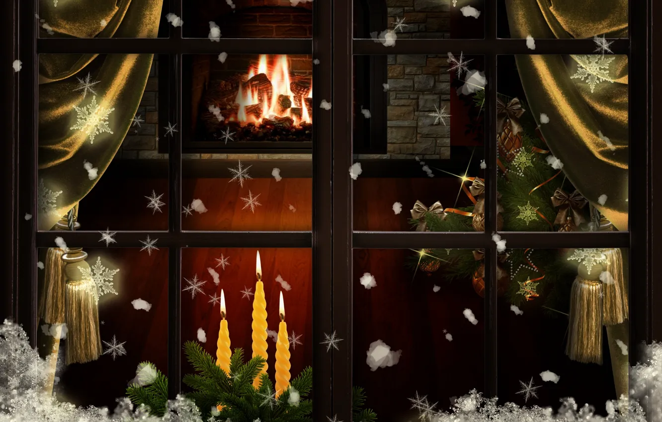 Photo wallpaper snow, decoration, snowflakes, tree, new year, candles, window, Christmas