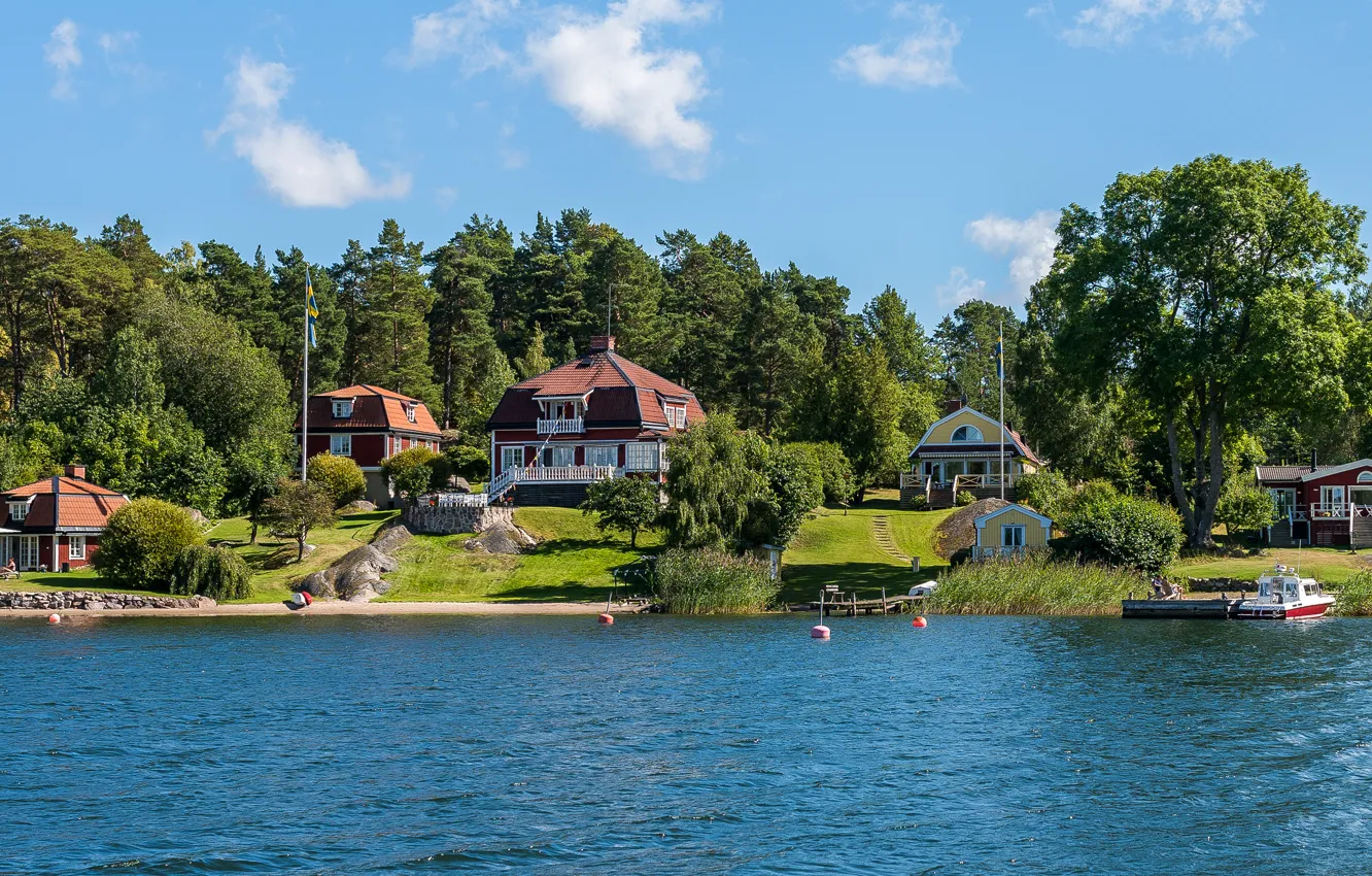 Photo wallpaper trees, river, shore, pier, boat, house, Sweden, Stockholm
