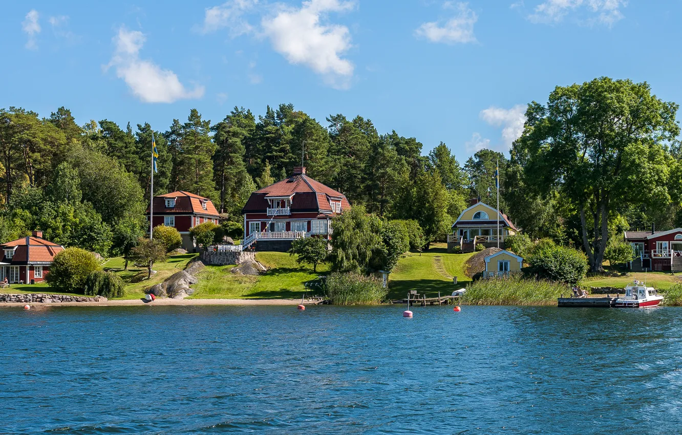 Photo wallpaper trees, river, shore, pier, boat, houses, Sweden, Stockholm